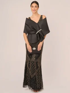 Mikado Embellished Wrap Black Poncho*Adrianna Papell Discount