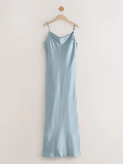 Avondblauw - Lange satijnen Maxi-jurk met watervalhals voor bruiloftsgasten*Next Hot