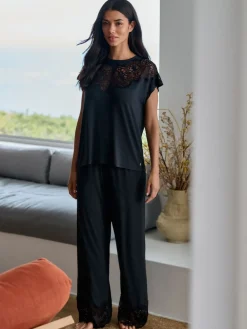 Modal Lace Trim Black Pyjamas Set*B by Ted Baker Outlet