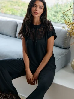 Modal Lace Trim Black Pyjamas Set*B by Ted Baker Outlet