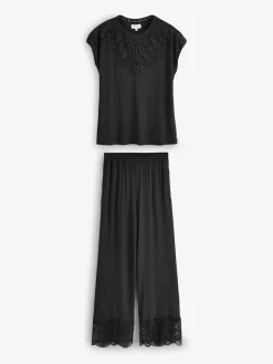 Modal Lace Trim Black Pyjamas Set*B by Ted Baker Outlet