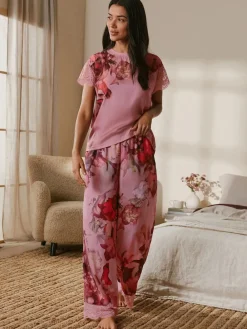 Pink Floral Satin Jersey Pyjamas*B by Ted Baker Outlet