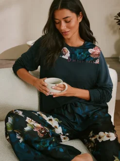 Teal Blue Floral Satin Jersey Pyjamas*B by Ted Baker Clearance