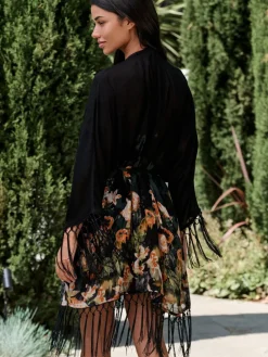 Viscose Tassel Kimono Black Koi Floral Cover-Up*B by Ted Baker Best