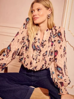 Beige Animal - blouse met lange mouwen en inkeping*Love & Roses Best