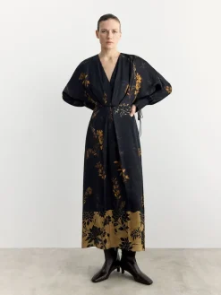 Satin Floral Print Kimono Midi Black Dress*BHOEM New