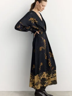 Satin Floral Print Kimono Midi Black Dress*BHOEM New