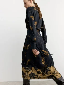 Satin Floral Print Kimono Midi Black Dress*BHOEM New