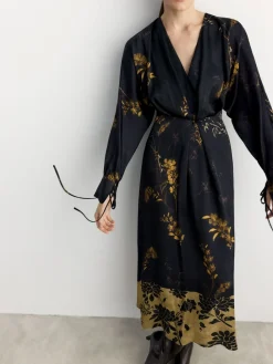 Satin Floral Print Kimono Midi Black Dress*BHOEM New