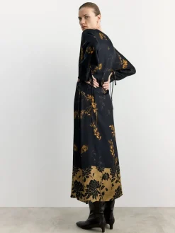 Satin Floral Print Kimono Midi Black Dress*BHOEM New