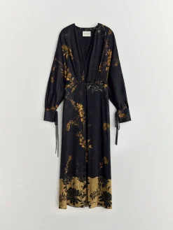 Satin Floral Print Kimono Midi Black Dress*BHOEM New
