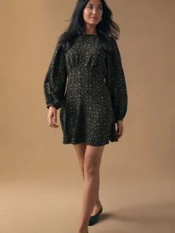 Black Croissant Print - Mini Long Sleeve A-Line Seam Detail Dress*Next