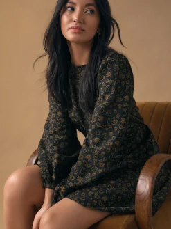 Black Croissant Print - Mini Long Sleeve A-Line Seam Detail Dress*Next