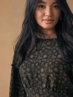 Black Croissant Print - Mini Long Sleeve A-Line Seam Detail Dress*Next