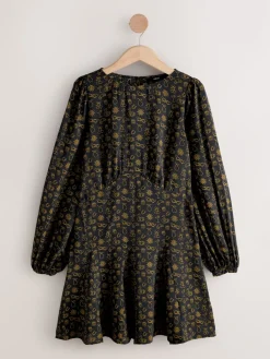 Black Croissant Print - Mini Long Sleeve A-Line Seam Detail Dress*Next