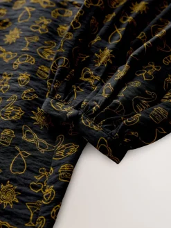 Black Croissant Print - Mini Long Sleeve A-Line Seam Detail Dress*Next