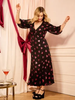 Black Heart Metallic - midi-jurk met V-hals en pofmouwen*Love & Roses