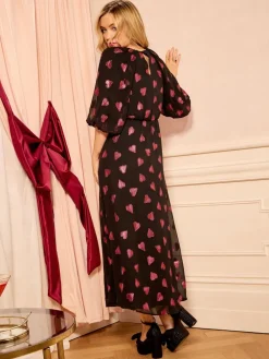Black Heart Metallic - midi-jurk met V-hals en pofmouwen*Love & Roses