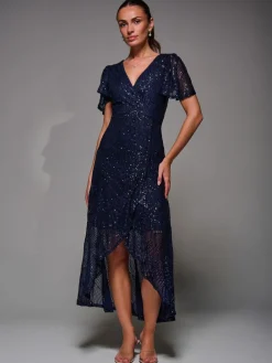 Blauw - Sequin Angel Sleeve Ruffle Hem Maxi Dress*Jolie Moi Outlet