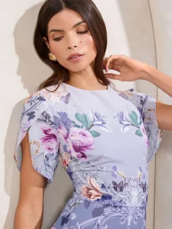 Blauw - ombré midi-jurk met bloemenprint, tulpmouwen en fit en flare-model*Lipsy New