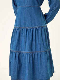 - Cotton Denim Tiered Midi Dress*Roman Outlet