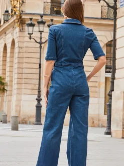 - jumpsuit van denim met rits en wijde pijpen*Sosandar Online