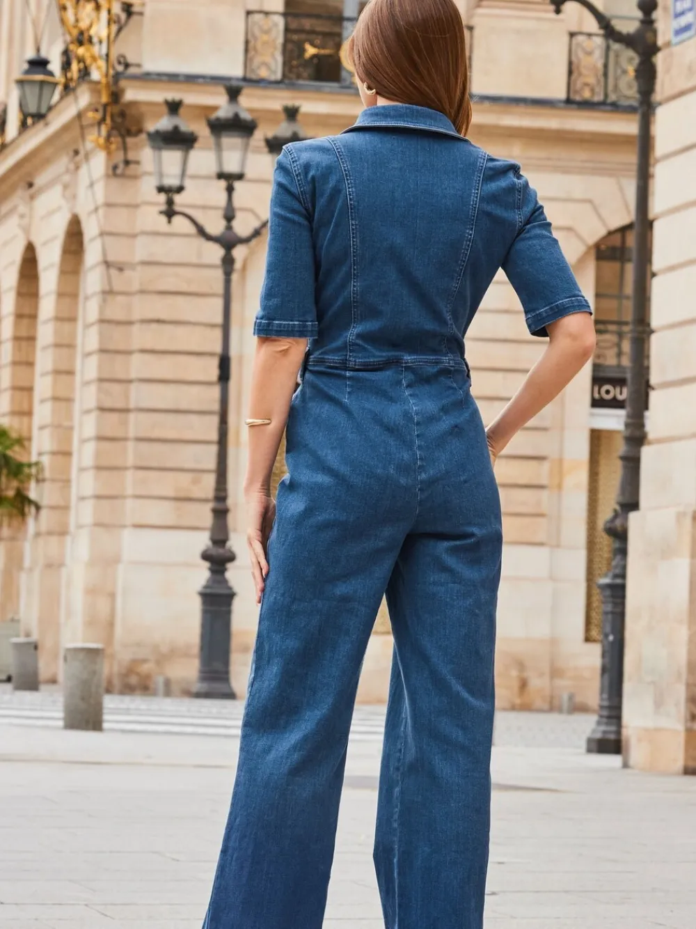 - jumpsuit van denim met rits en wijde pijpen*Sosandar Online
