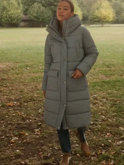 Blauw geruit - Regenbestendige gewatteerde lange jas met capuchon*Next Best