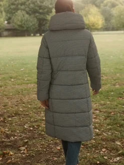 Blauw geruit - Regenbestendige gewatteerde lange jas met capuchon*Next Best