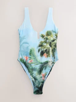 Blauw met jungleprint - Buikbedekkend badpak met ruime ronde hals*Next Sale