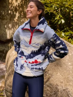 Blauwe grafische winterlandschap - Soft Touch Knusse Teddy Borg Kwartrondrits Fleece*Next New