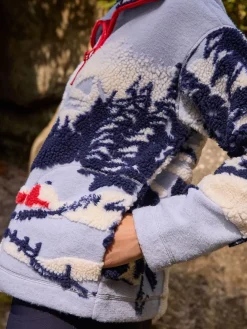 Blauwe grafische winterlandschap - Soft Touch Knusse Teddy Borg Kwartrondrits Fleece*Next New