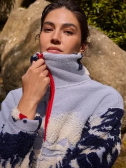 Blauwe grafische winterlandschap - Soft Touch Knusse Teddy Borg Kwartrondrits Fleece*Next New