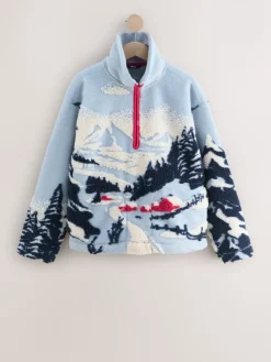 Blauwe grafische winterlandschap - Soft Touch Knusse Teddy Borg Kwartrondrits Fleece*Next New