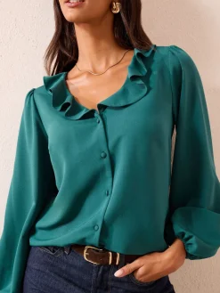 - Long Sleeve Button Front Ruffle Blouse*Friends Like These Outlet