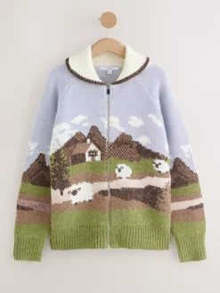Blauw/Groen - Landscape Scene Zip Cardigan*Next