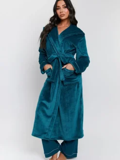Blauwgroen - Christmas Ribbon Trim Luxury Fleece Hooded Maxi Robe*Loungeable Hot