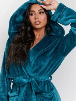 Blauwgroen - Christmas Ribbon Trim Luxury Fleece Hooded Maxi Robe*Loungeable Hot