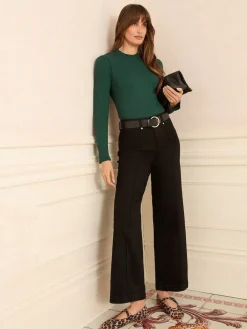 Blauwgroen - jersey top met ruches aan de hals en lange mouwen*Love & Roses Outlet