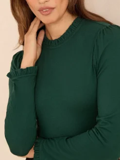 Blauwgroen - jersey top met ruches aan de hals en lange mouwen*Love & Roses Outlet