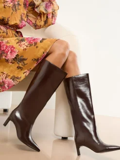 Bordeauxrood - Faux Leather Knee High Low Kitten Heel Boots*Lipsy Discount