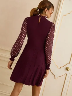 Bordeauxrood - Frill Neck Chiffon Sleeve Knitted Mini Dress*Love & Roses Best