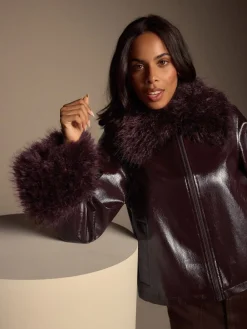 Bordeauxrood - PU Jacket with Faux Fur Trims*Next Clearance