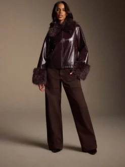 Bordeauxrood - PU Jacket with Faux Fur Trims*Next Clearance