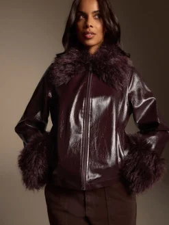 Bordeauxrood - PU Jacket with Faux Fur Trims*Next Clearance
