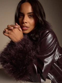 Bordeauxrood - PU Jacket with Faux Fur Trims*Next Clearance