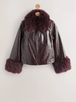 Bordeauxrood - PU Jacket with Faux Fur Trims*Next Clearance