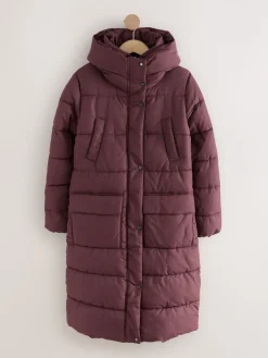 Bordeauxrood - Regenbestendige gewatteerde lange jas met capuchon*Next Sale