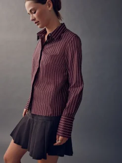 Bordeauxrood gestreept - Fitted Stretch Essential Long Sleeve Shirt*Next Clearance