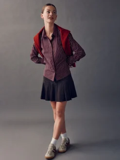 Bordeauxrood gestreept - Fitted Stretch Essential Long Sleeve Shirt*Next Clearance